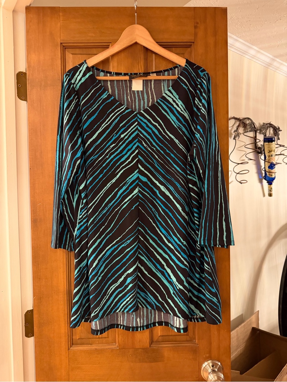 Bob Mackie Black Tunic with Blue and Teal Stripe Print